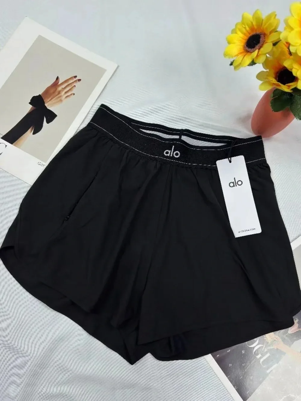 ALO Yoga Black Mini Skirt-Style Athletic Shorts with Logo Waistband